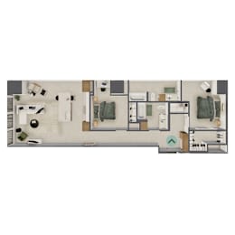 A floor plan of a house with a kitchen, living room, and two bedrooms.