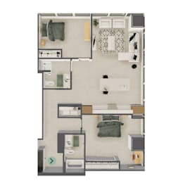 A top down view of a small apartment with a bed, a couch, a table, and a kitchenette.
