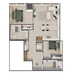 A top-down view of a small apartment layout with a kitchen, living room, and bathroom.