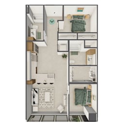 A top-down view of a small apartment with a bedroom, living room, and kitchen.