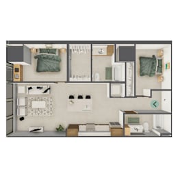 A top-down view of a small, neatly organized apartment with a kitchen, living room, and bedroom.