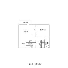 A floor plan of a one bedroom apartment with a balcony.