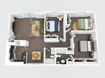 A top-down view of a small apartment with a kitchen, living room, and bedroom.