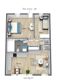 A floor plan of a 2 bedroom apartment with a living room, kitchen, bathroom and bedrooms.