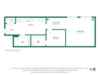 A floor plan of a living space with a kitchen, dining room, and bathroom.