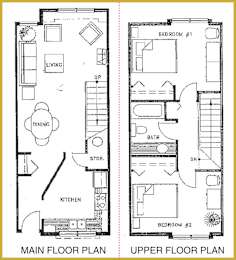 A floor plan shows a main floor with a living area, dining area, kitchen, and a storage space, and an upper floor with two bedrooms.