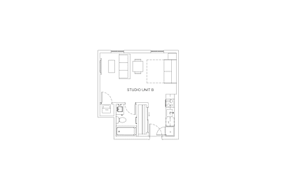 A floor plan of a studio apartment layout.