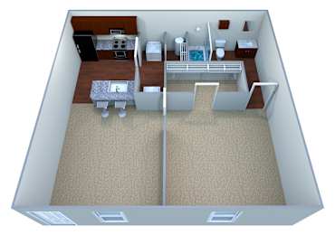 Floor Plan  A 3D image of a small apartment with a kitchen, living room, and bathroom.