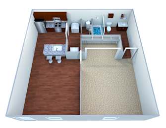 Floor Plan  A 3D floor plan of a small apartment with a kitchen, living room, and bedroom.