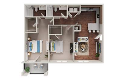 Floor Plan  A 3D rendered image of a small apartment layout.