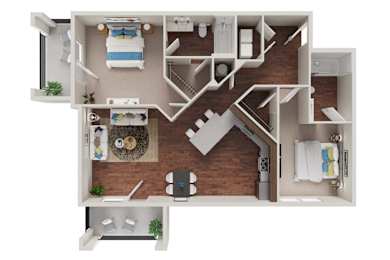 Floor Plan  A 3D floor plan of a small apartment with a kitchen, living room, and bedrooms.