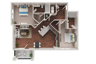 Floor Plan  A 3D floor plan of a small apartment with a kitchen, living room, and bedroom.