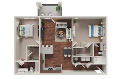 Floor Plan  A 3D floor plan of a small apartment with a kitchen, living room, and bathroom.