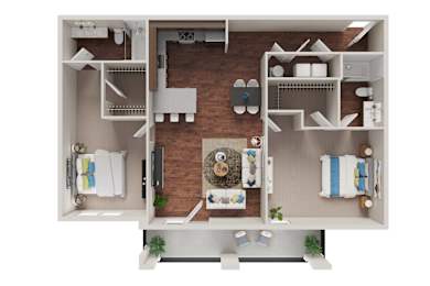 Floor Plan  A 3D floor plan of a small apartment with a kitchen, living room, and bathroom.