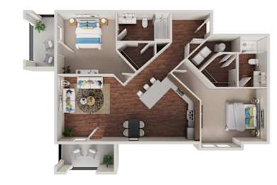 Floor Plan  A top-down view of a small apartment with a living room, kitchen, and two bedrooms.