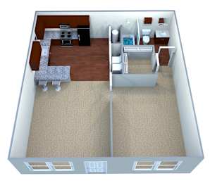 Floor Plan  A 3D rendered image of a small apartment.