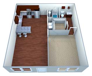 Floor Plan  A 3D image of a small apartment with a kitchen, living room, and bathroom.
