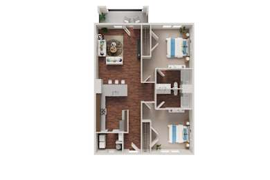 Floor Plan  A floor plan of a small apartment with a kitchen, living room, and two bedrooms.