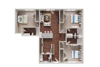Floor Plan  A top-down view of a small apartment layout with a kitchen, living room, and bedrooms.