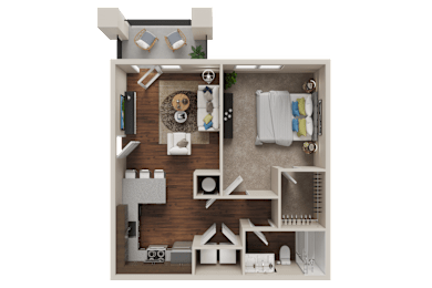Floor Plan  A 3D floor plan of a small apartment with a kitchen, living room, and bathroom.
