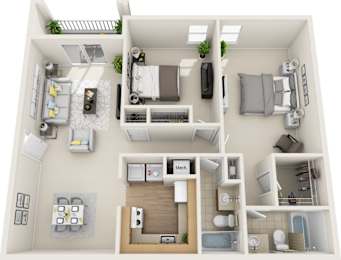 A 3D floor plan of a small apartment with a kitchen, living room, and bathroom.