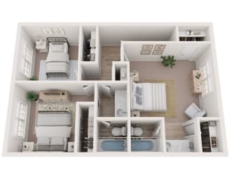 a 3d rendering of a bedroom with a bathroom and floor plan