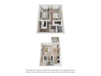 a stylized floor plan of a 1 bedroom apartment