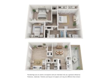 a stylized floor plan of a 2 bedroom apartment