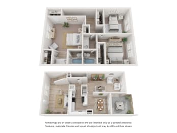 a stylized 3d floor plan of a home with a bedroom and living room