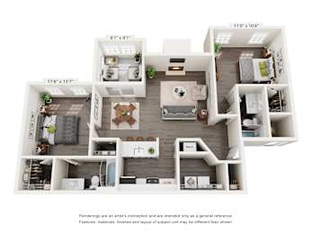 A 3D floor plan of a 2-beddoom apartment for rent at Station Heights in Alpharetta