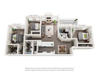 3-Bedroom Floorplan with 3D furnishings at Station Heights in Alpharetta, GA