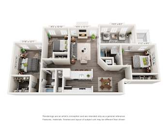 A floor plan of a 3-bedroom apartment at Station Heights with various rooms and their dimensions.