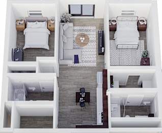 A top down view of a hotel room with two beds, a desk, and a couch.