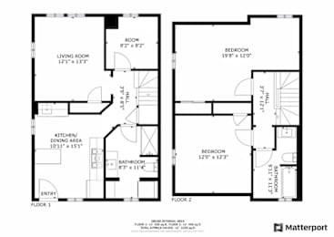 A floor plan for a home with two bedrooms, a living room, a kitchen/dining area, and a bathroom.