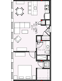 A floor plan of a 1 BR 1 BA unit.