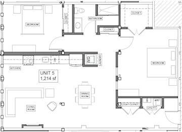 A floor plan of a 1,214 square foot apartment with a living room, dining room, kitchen, two bedrooms, a bathroom, and a coat closet.