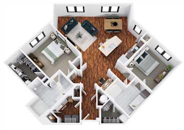 A top down view of a house layout with a kitchen, living room, and two bedrooms.