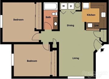 A floor plan of an apartment with two bedrooms, a living room, a dining area, a kitchen, and a bathroom.