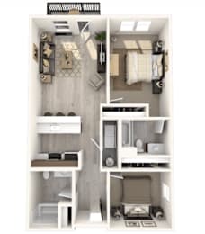A diagram of a small apartment with a bedroom, living room, and kitchen.