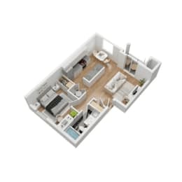 A 3D floor plan of a house with a kitchen, living room, and two bedrooms.