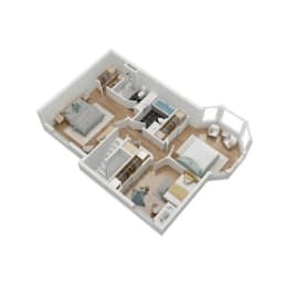 A 3D floor plan of a house layout.