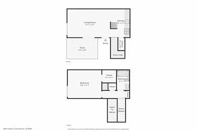 Floor Plan  A floor plan of a property with two bedrooms, a living room, a patio, and a bathroom.