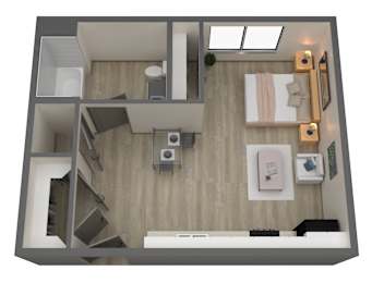 Floor Plan  A 3D rendered image of a small apartment layout.