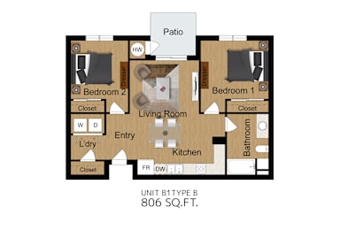 Floor Plan  A floor plan of a 806 square foot unit B1 type B.