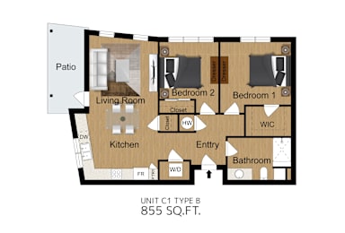Floor Plan  A floor plan of a 855 square feet apartment with a living room, kitchen, two bedrooms, a bathroom, and a patio.