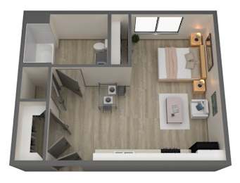 Floor Plan  A top-down view of a small, modern apartment with a kitchen, living room, and bathroom.