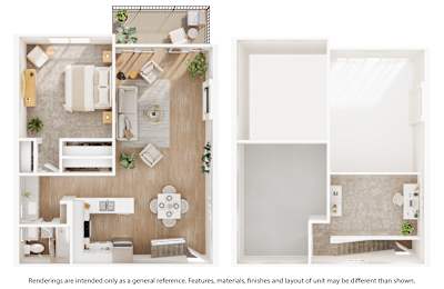 A floor plan of a house with a kitchen, living room, and bathroom.