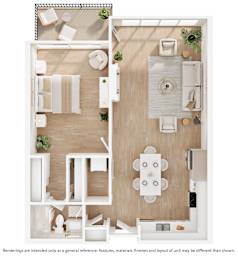 A top-down view of a modern kitchen and dining area layout.