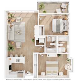 A top-down view of a small apartment layout with a kitchen, living room, and bedroom.