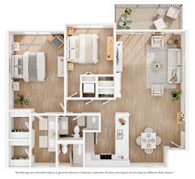 A top-down view of a small apartment layout with a kitchen, living room, and bathroom.